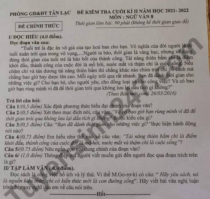 De thi hoc ki 2 mon Van lop 8 huyen Tan Lac nam 2022