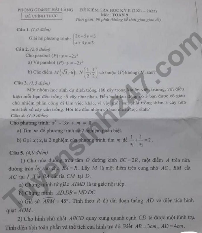 De thi ki 2 mon Toan 2022 Huyen Hai Lang lop 9