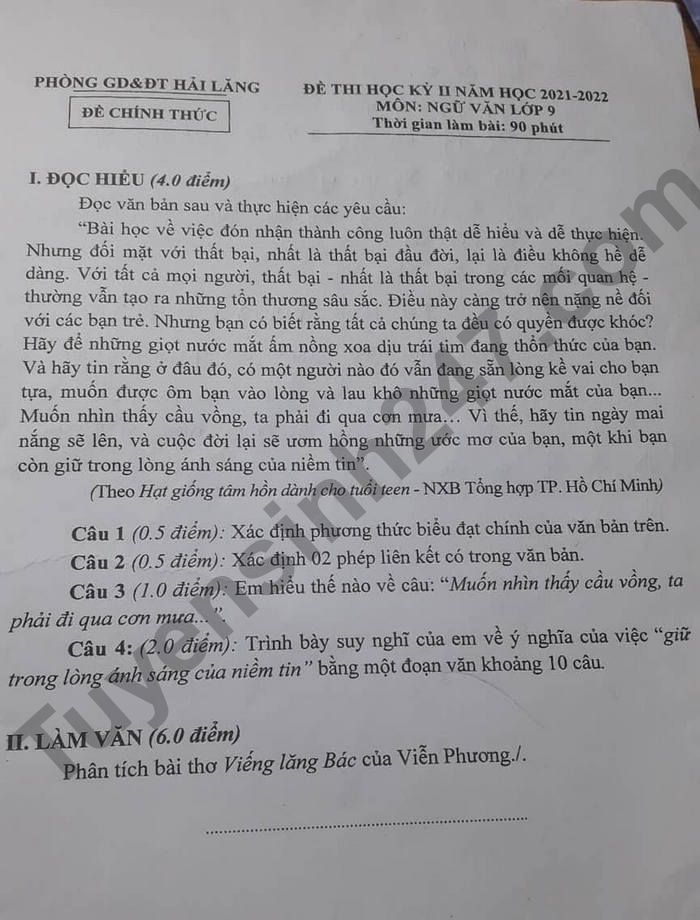 De thi ki 2 Huyen Hai Lang lop 9 mon Van 2022