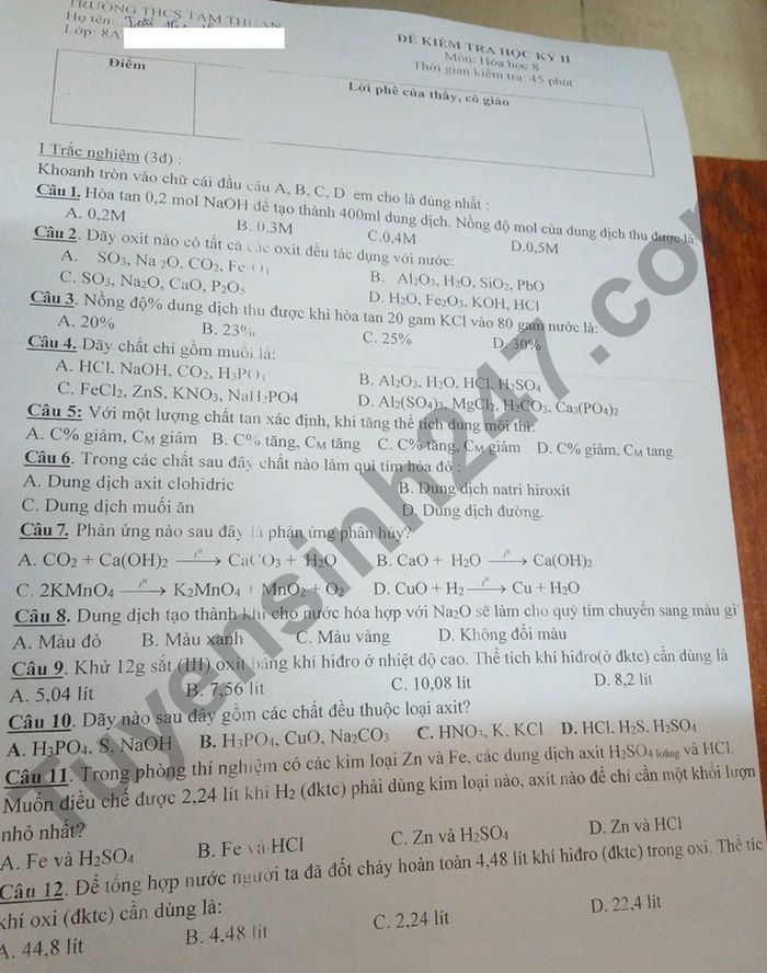 De thi ki 2 lop 8 mon Hoa 2022 THCS Tam Thuan