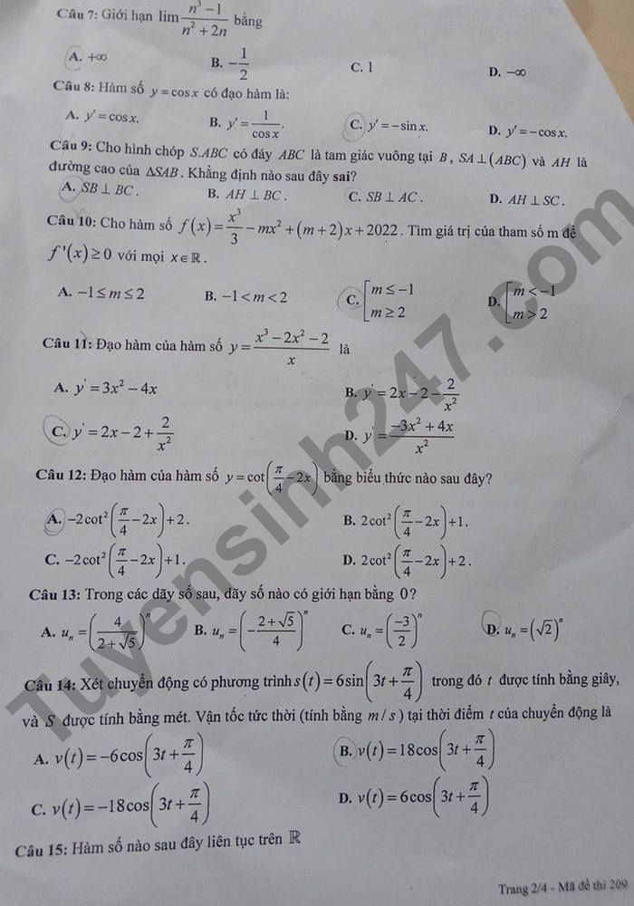 De thi ki 2 mon Toan lop 11 THPT Chon Thanh 2022