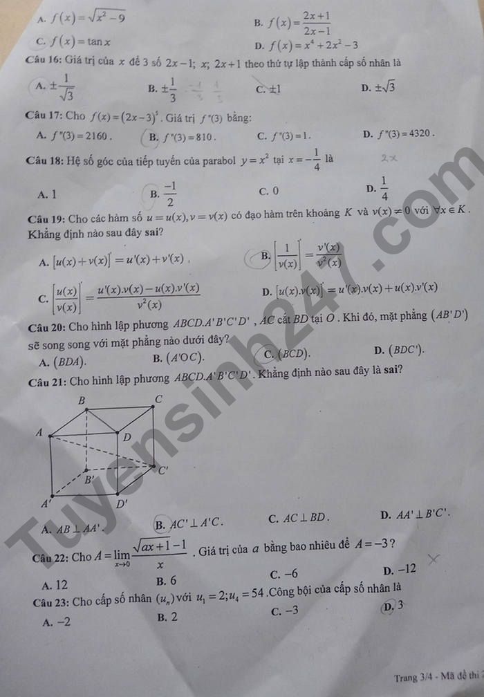 De thi ki 2 mon Toan lop 11 THPT Chon Thanh 2022