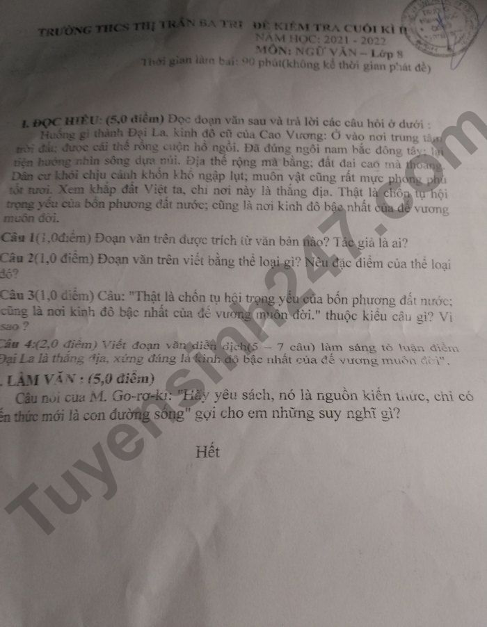 De thi ki 2 mon Van 2022 lop 8 THCS TT Ba Tri