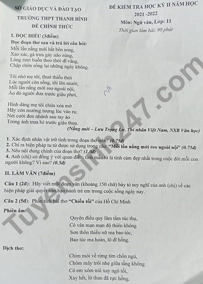 De thi ki 2 THPT Thanh Binh lop 11 mon Van 2022
