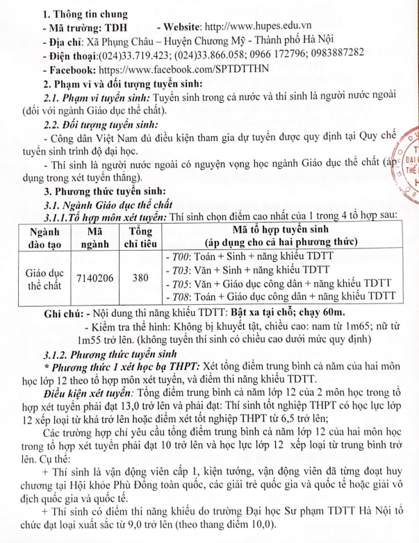 Phuong an tuyen sinh Dai hoc Su pham the duc the thao Ha Noi 2022