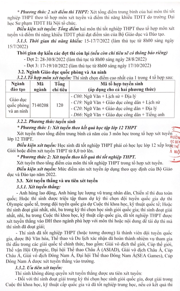 Phuong an tuyen sinh Dai hoc Su pham the duc the thao Ha Noi 2022