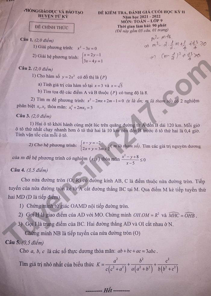 De thi ki 2 lop 9 Huyen Tu Ky 2022 mon Toan
