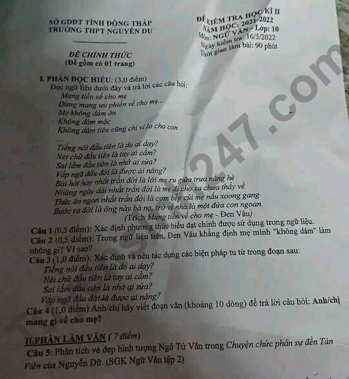 De thi ki 2 mon Van 2022 lop 10 THPT Nguyen Du