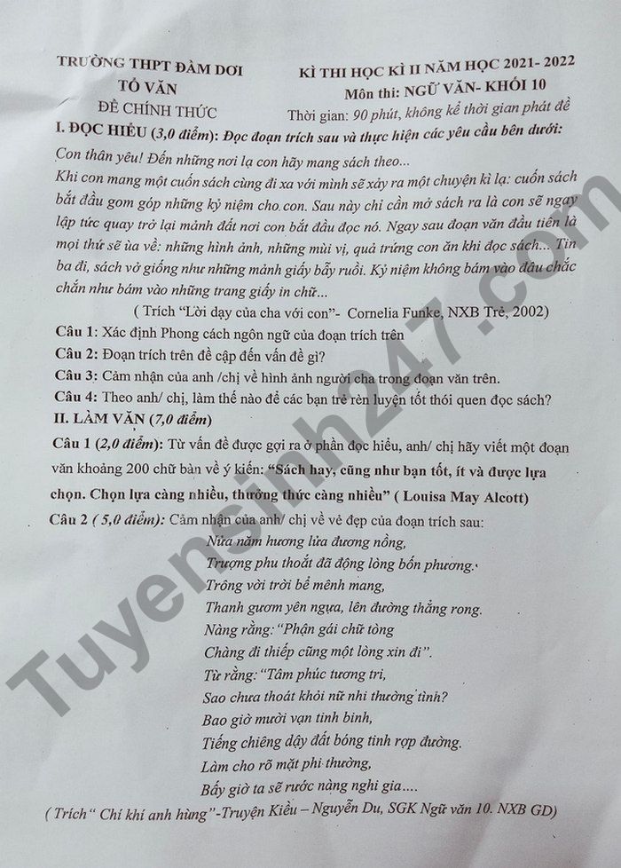De thi ki 2 mon Van lop 10 2022 THPT Dam Doi