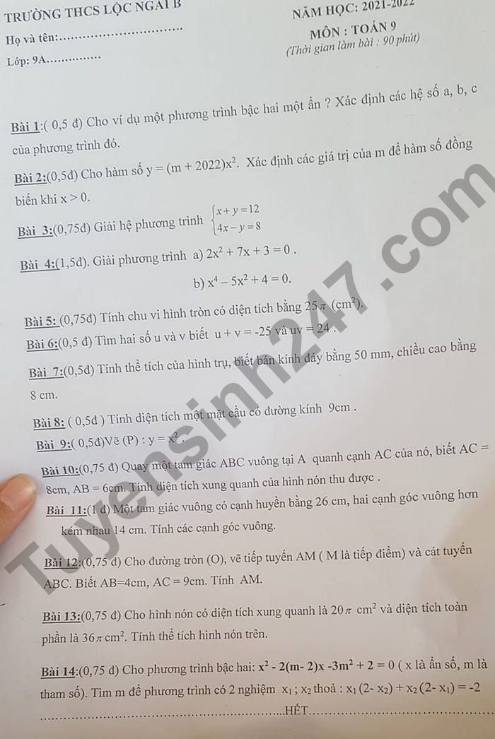 De thi ki 2 mon Toan lop 9 THCS Loc Ngai B 2022