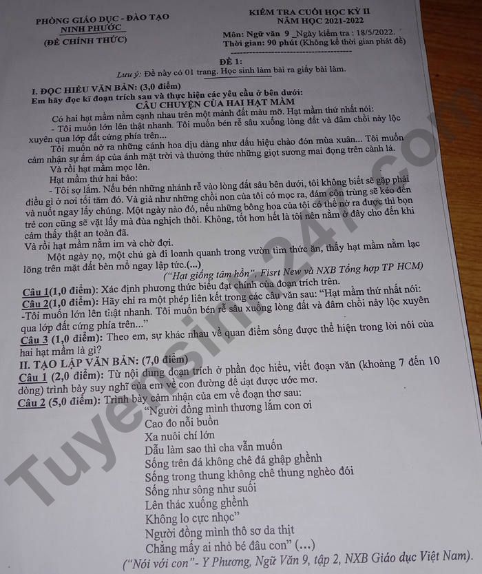 De thi ki 2 mon Van Phong GD Ninh Phuoc lop 9 2022