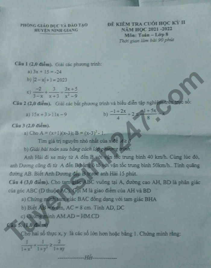 De thi hoc ki 2 mon Toan lop 8 huyen Ninh Giang nam 2022