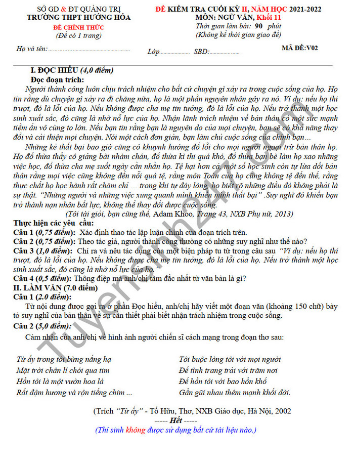 De thi ki 2 mon Van lop 11 THPT Huong Hoa 2022