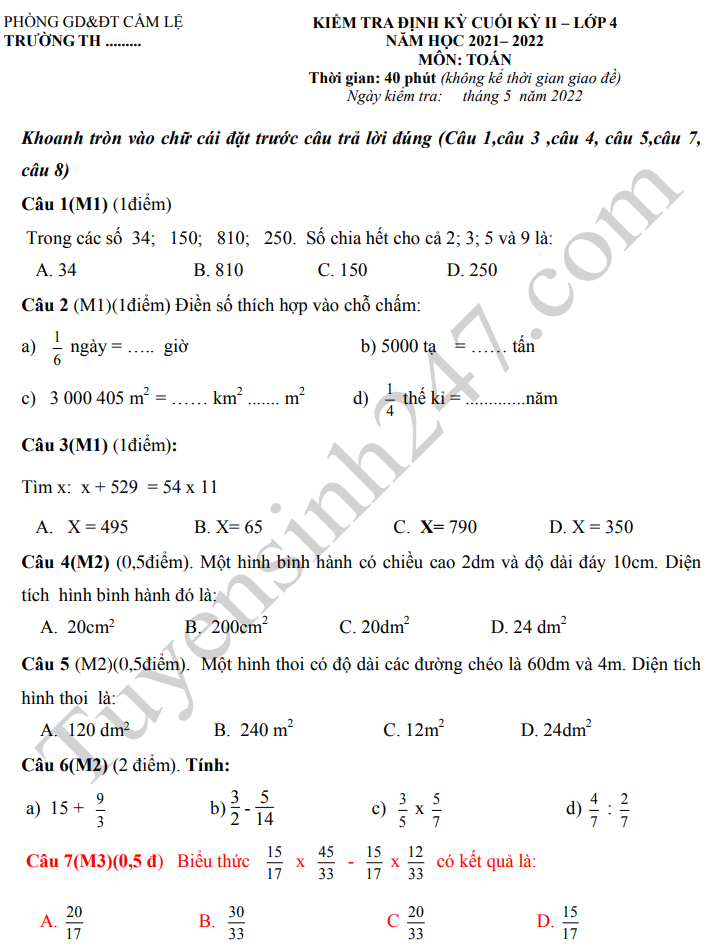 De thi ki 2 lop 4 mon Toan 2022 - Phong GD Cam Le