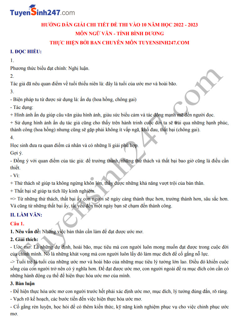 Dap an de thi vao lop 10 mon Van tinh Binh Duong nam 2022