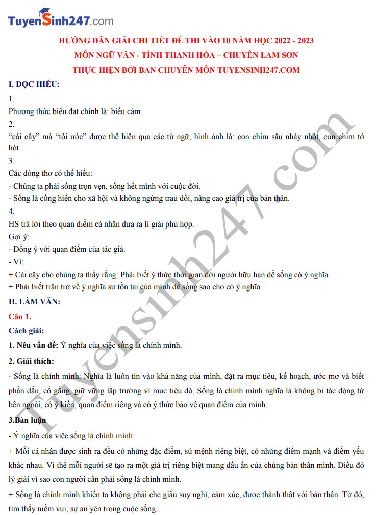 Dap an de thi mon Van vao lop 10 - THPT Chuyen Lam Son 2022