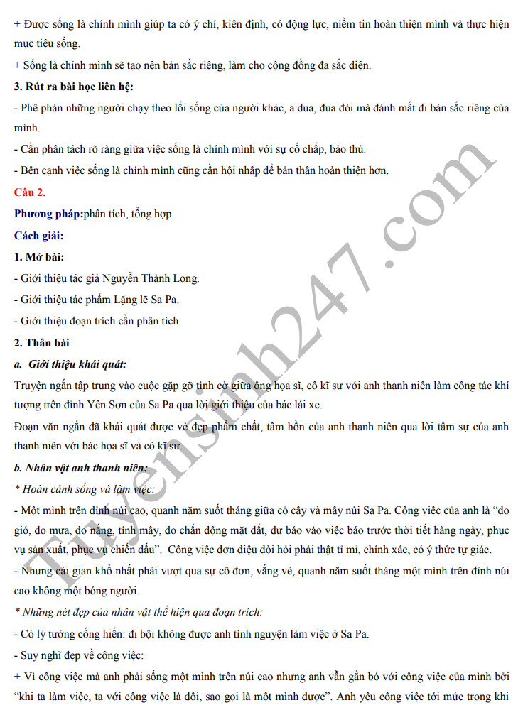 Dap an de thi mon Van vao lop 10 - THPT Chuyen Lam Son 2022