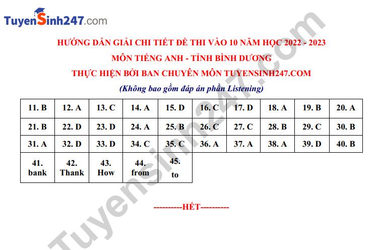 Dap an de thi mon Anh vao lop 10 tinh Binh Duong 2022