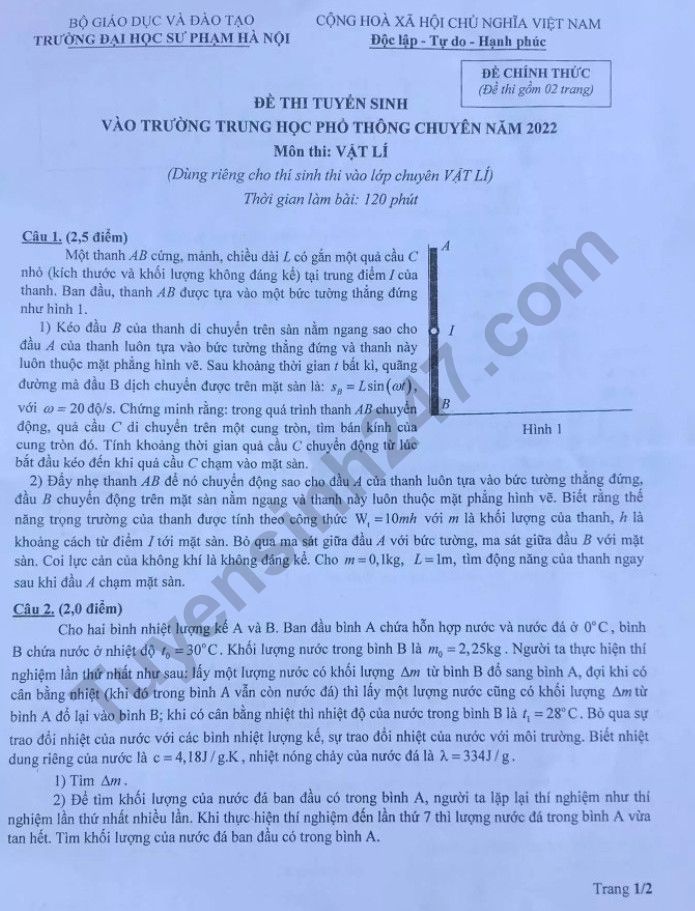 De thi vao lop 10 mon Ly chuyen 2022 - THPT Chuyen Su pham Ha Noi