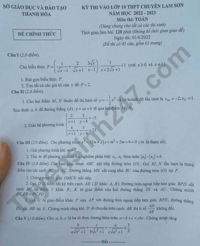 De thi vao lop 10 mon Toan 2022 - THPT Chuyen Lam Son