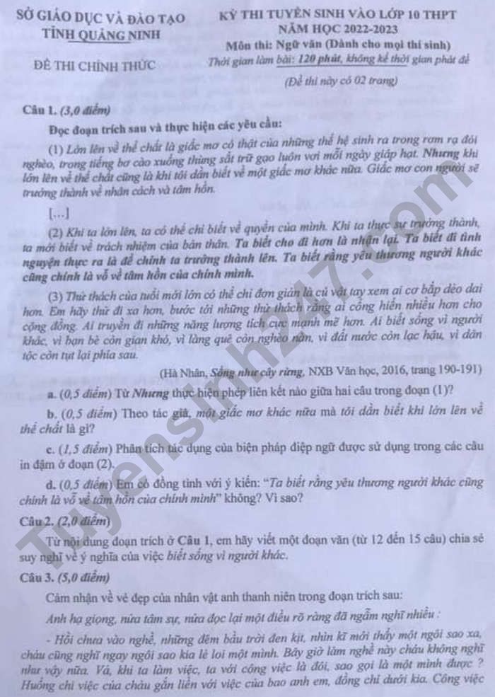 Dap an de thi vao lop 10 mon Van 2022 - Quang Ninh