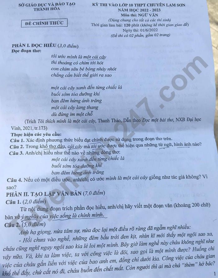 Dap an de thi mon Van vao lop 10 - THPT Chuyen Lam Son 2022