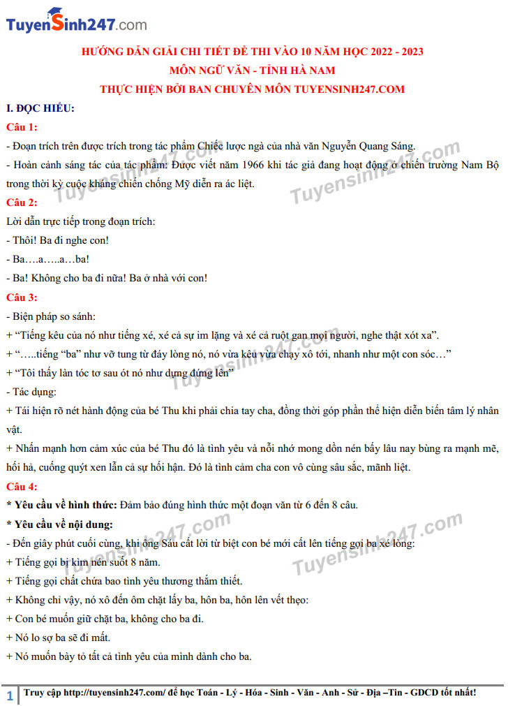 Dap an de thi vao lop 10 chuyen mon Van - tinh Ha Nam 2022