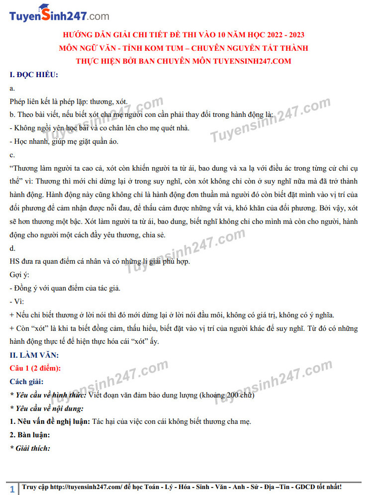 Dap an de thi vao lop 10 nam 2022 mon Van - THPT Chuyen Nguyen Tat Thanh