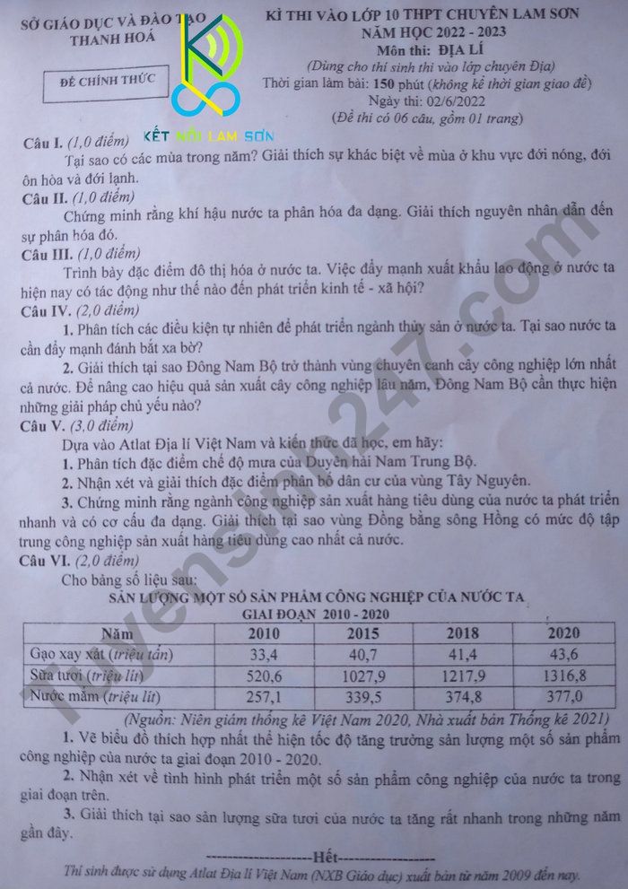 De thi vao lop 10 THPT Chuyen Lam Son - mon Dia chuyen 2022