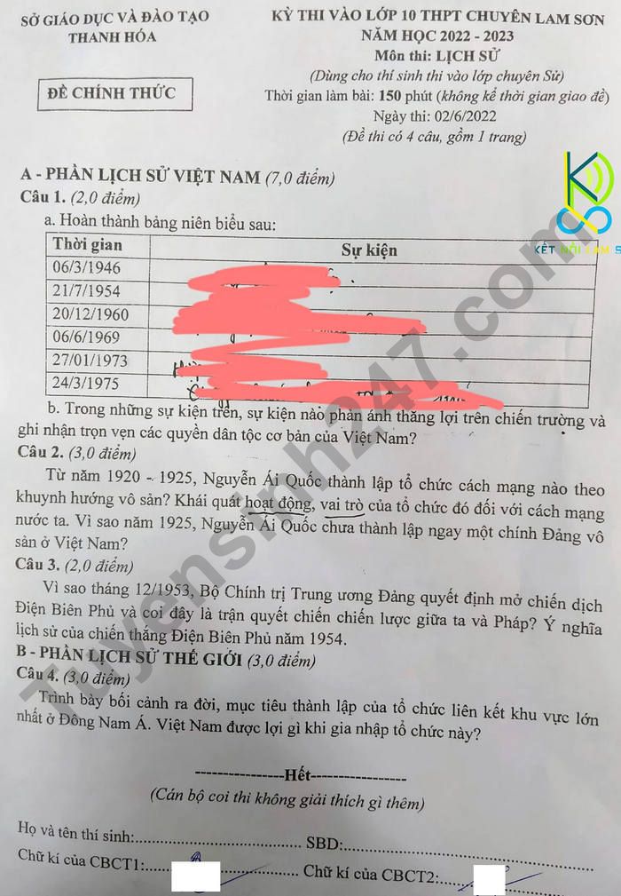 De thi mon Su chuyen vao lop 10 nam 2022 - THPT Chuyen Lam Son