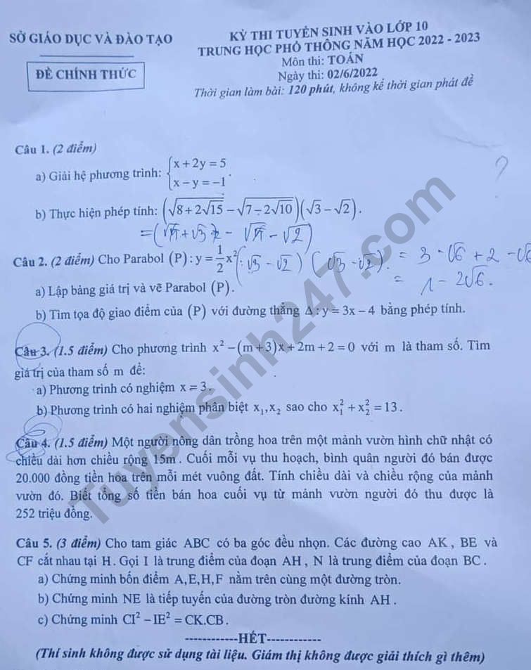 Dap an de thi vao lop 10 mon Toan - Binh Duong 2022