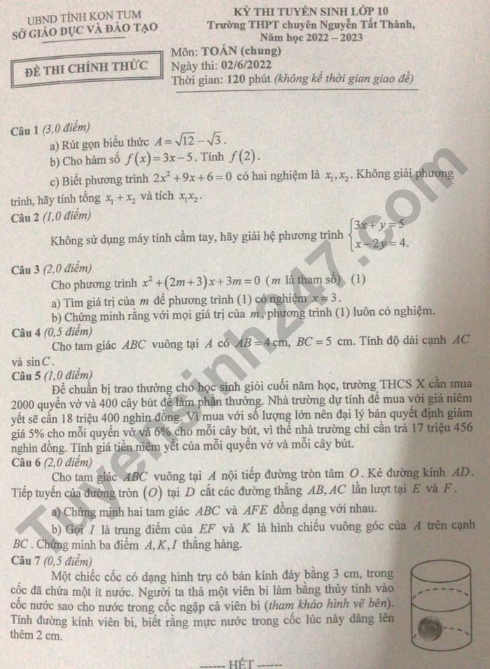 Dap an de thi vao lop 10 mon Toan - THPT Chuyen Nguyen Tat Thanh 2022