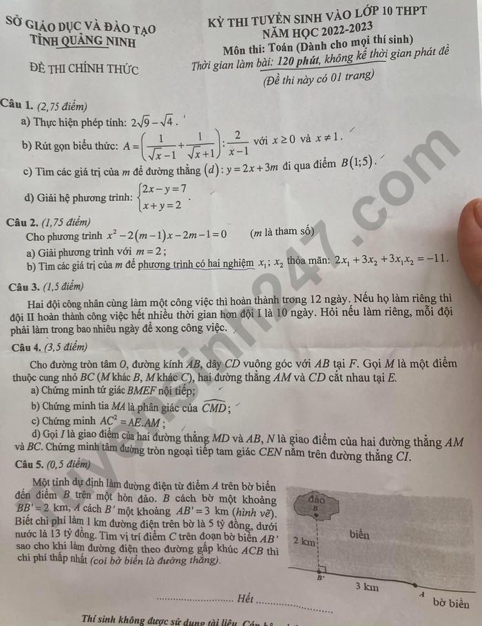 Dap an de thi vao lop 10 mon Toan nam 2022 - Quang Ninh