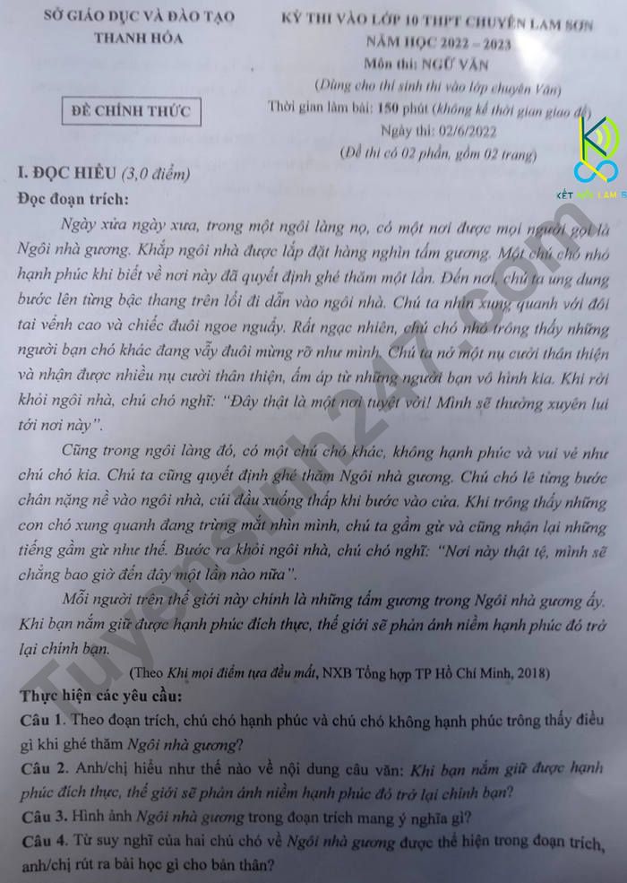 De thi vao lop 10 mon Van chuyen 2022 - THPT Chuyen Lam Son
