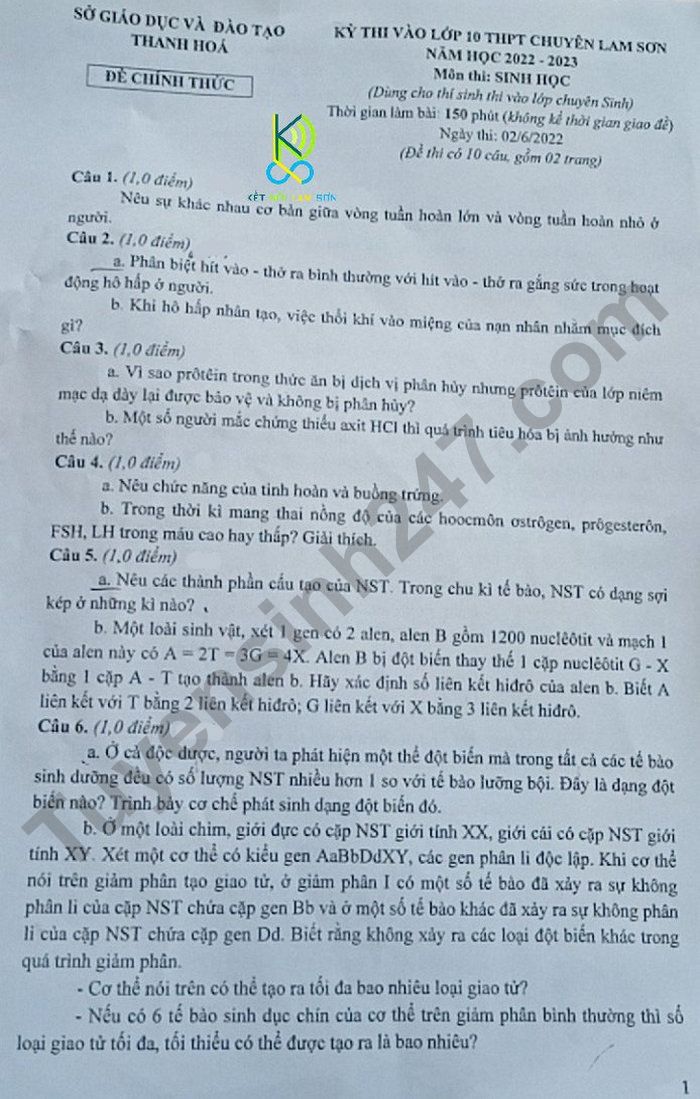 De thi mon Sinh chuyen vao lop 10 nam 2022 - THPT Chuyen Lam Son