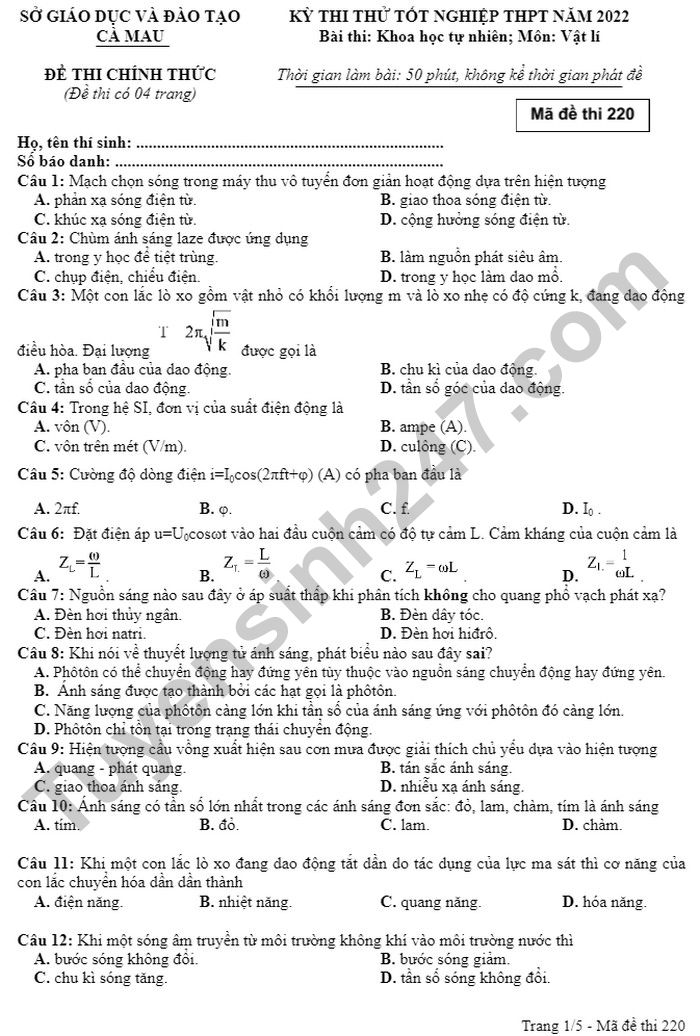 De thi thu mon Ly tot nghiep THPT 2022 - tinh Ca Mau