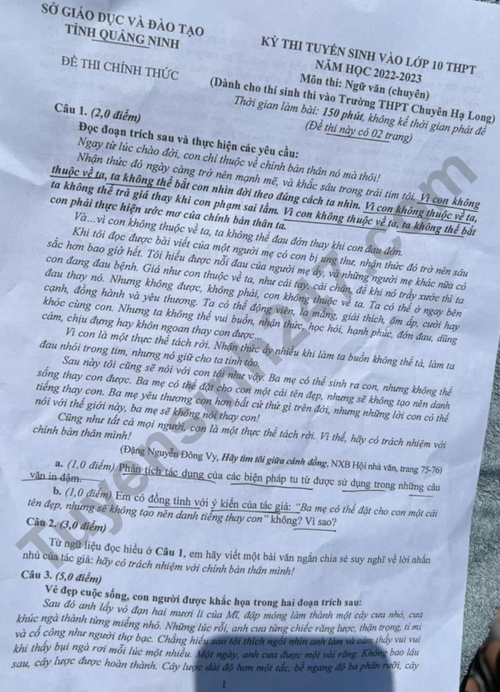 De thi vao lop 10 mon Van chuyen 2022 - THPT Chuyen Ha Long