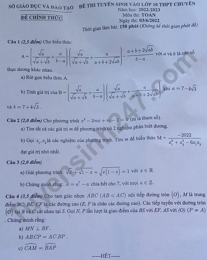 De thi vao lop 10 mon Toan chuyen - tinh Binh Duong 2022
