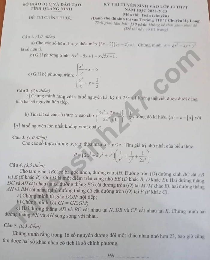 Dap an de thi vao lop 10 THPT Chuyen Ha Long - mon Toan chuyen 2022