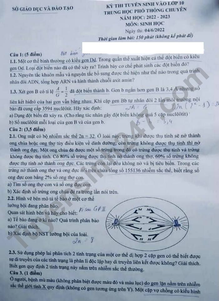 De thi vao lop 10 mon Sinh chuyen - Binh Duong 2022