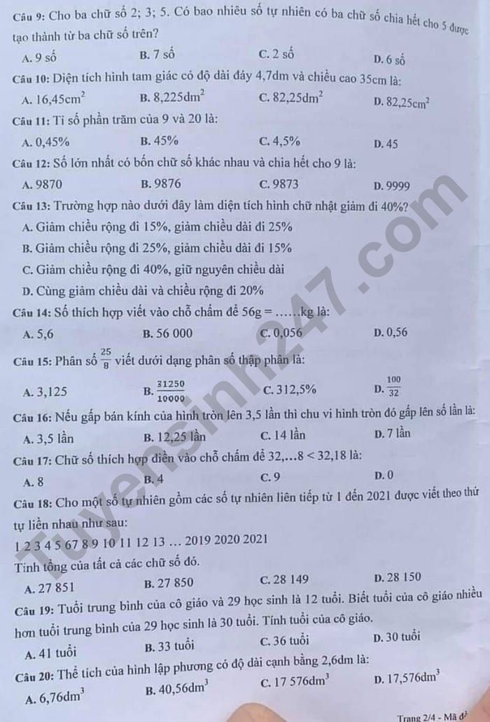 De thi vao lop 6 mon Toan 2022 - Truong Marie Curie