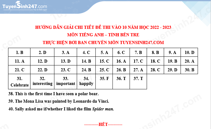 Dap an de thi vao lop 10 tinh Ben Tre mon Anh nam 2022