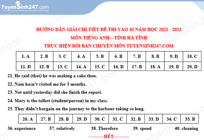 Dap an de thi mon Anh vao lop 10 tinh Ha Tinh 2022