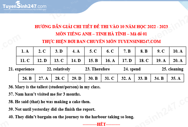 Dap an de thi mon Anh vao lop 10 tinh Ha Tinh 2022