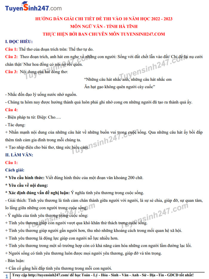 De thi vao lop 10 mon Van tinh Ha Tinh 2022 - Co dap an