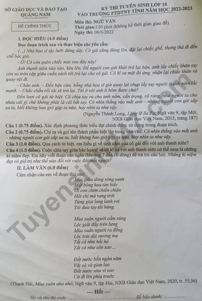 Dap an de thi vao lop 10 PTDTNT tinh Quang Nam - mon Van 2022