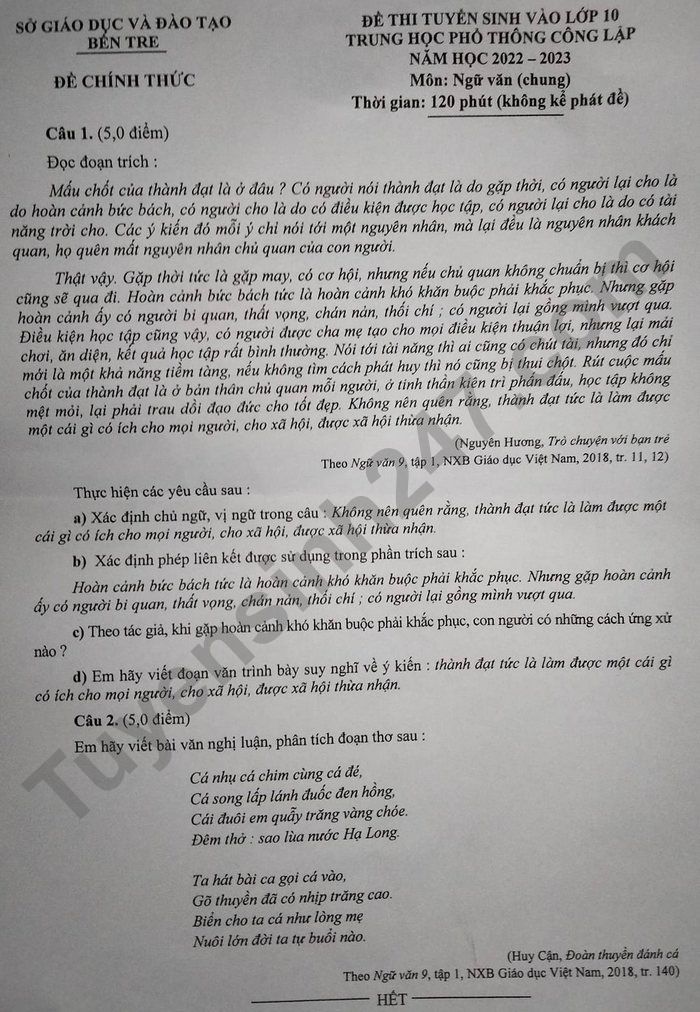 Dap an de thi vao lop 10 tinh Ben Tre mon Van 2022