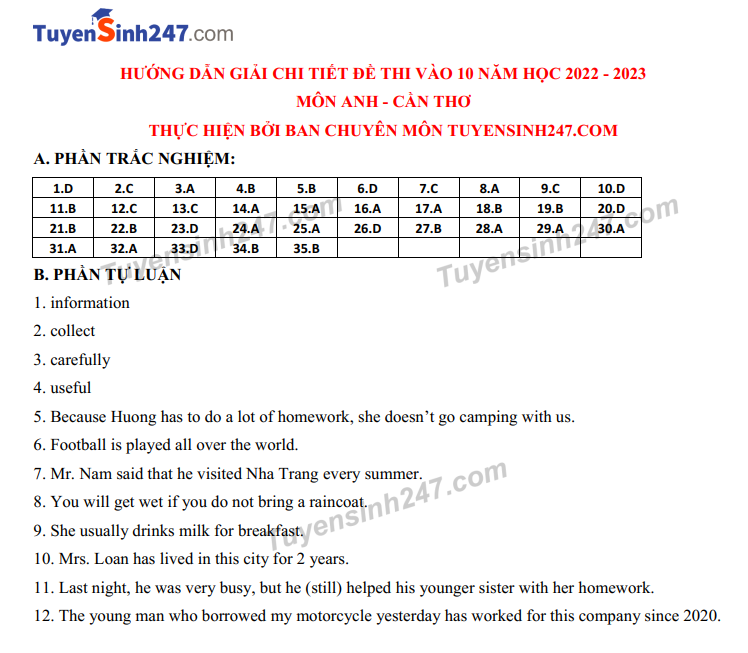 Dap an de thi vao lop 10 Can Tho mon Anh nam 2022