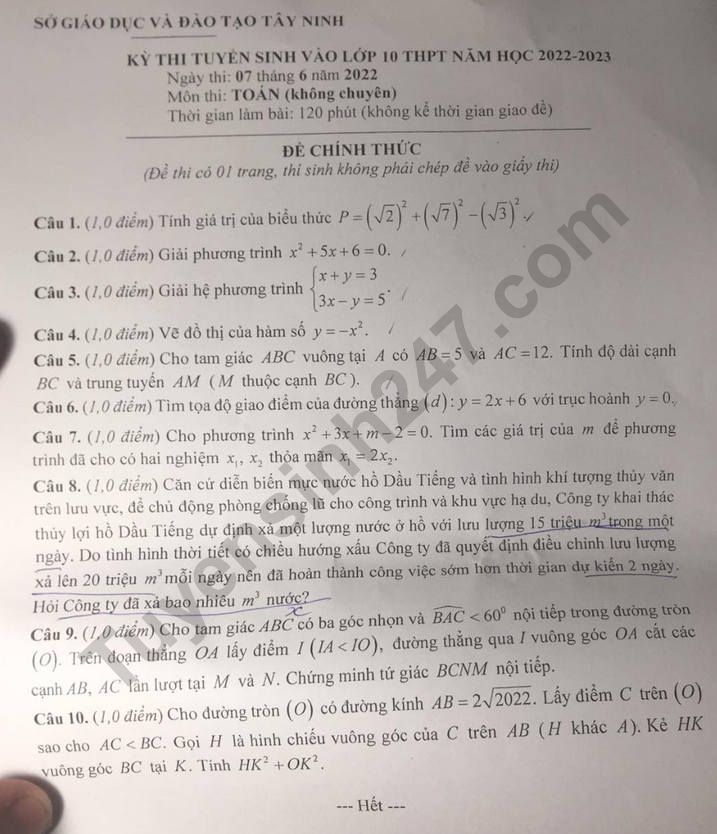 Dap an de tuyen sinh vao lop 10 mon Toan tinh Tay Ninh 2022
