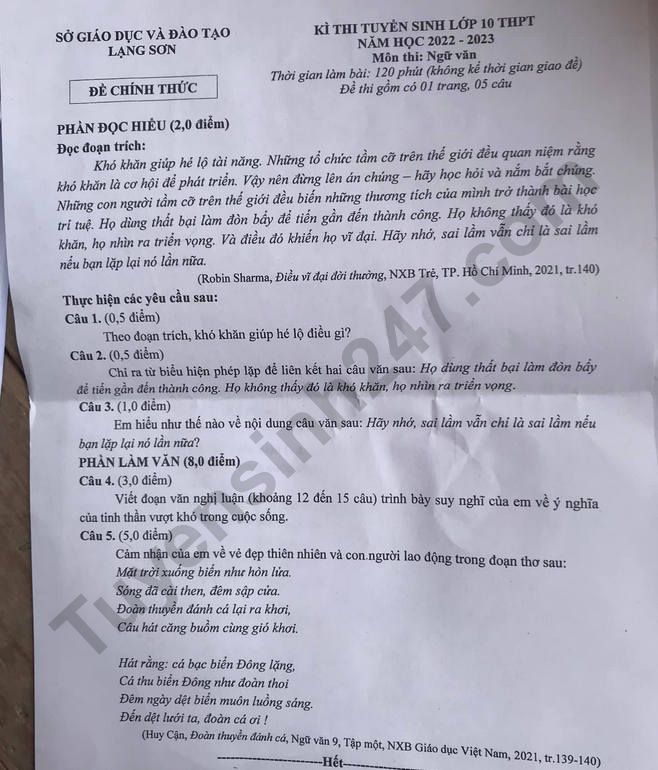 De thi vao lop 10 mon Van tinh Lang Son 2022 - Co dap an